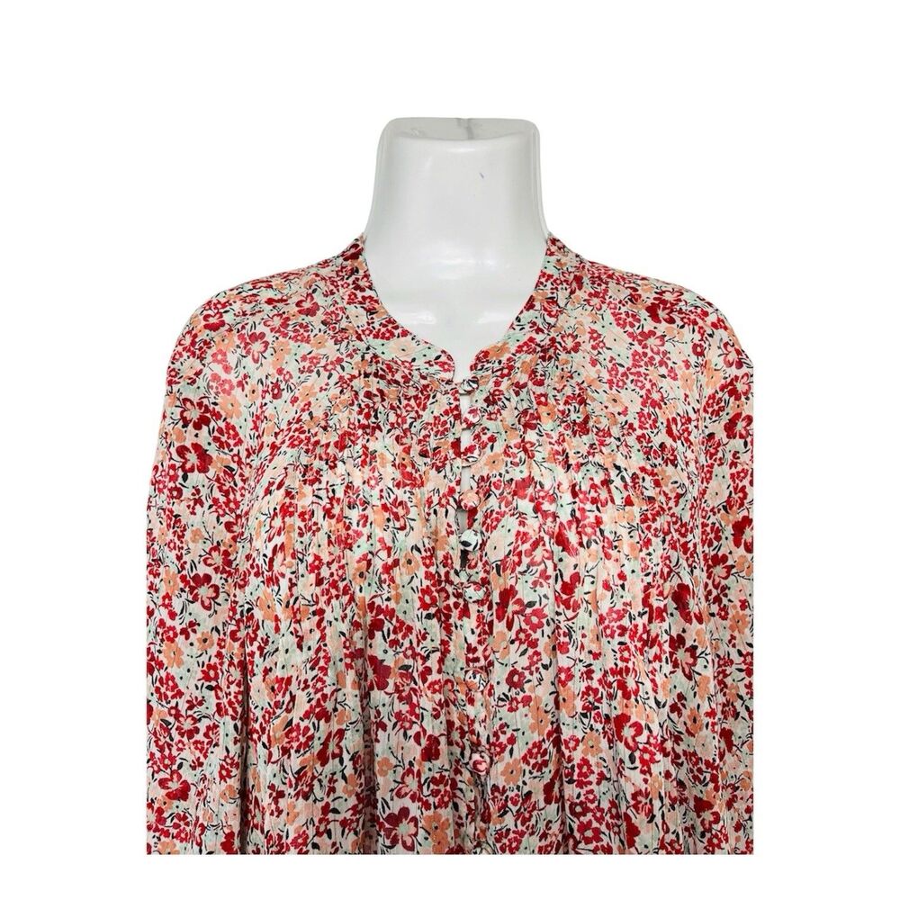Torrid Floral Sheer Blouse 3X Red Button Up Long Sleeve Gold Stripe Boho Top - Picture 6 of 11